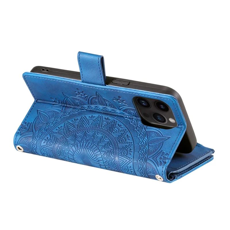 For iPhone 15 Pro Mandala Flower Imprinted Leather Case Card Slots Zipper Pocket Stand Phone Cover with Strap - Blue