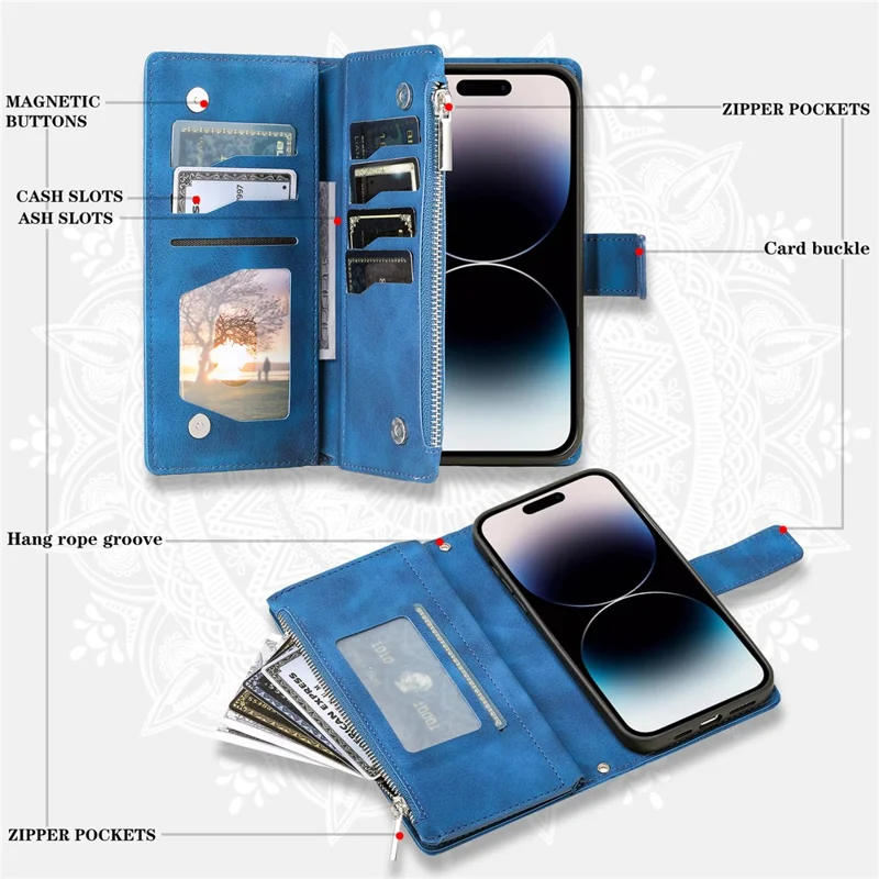 For iPhone 15 Pro Mandala Flower Imprinted Leather Case Card Slots Zipper Pocket Stand Phone Cover with Strap - Blue