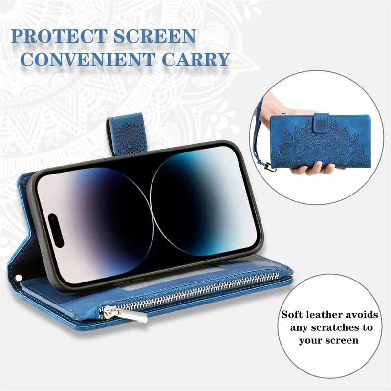 For iPhone 15 Pro Mandala Flower Imprinted Leather Case Card Slots Zipper Pocket Stand Phone Cover with Strap - Blue