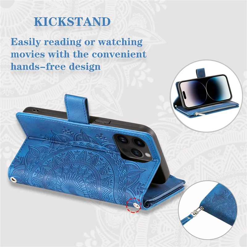 For iPhone 15 Pro Mandala Flower Imprinted Leather Case Card Slots Zipper Pocket Stand Phone Cover with Strap - Blue