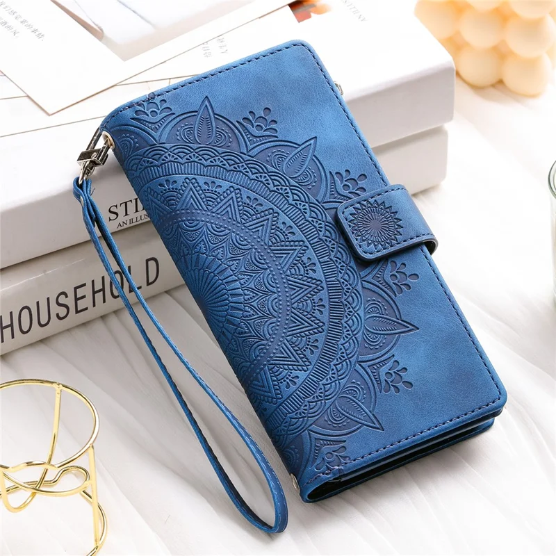 For iPhone 15 Pro Mandala Flower Imprinted Leather Case Card Slots Zipper Pocket Stand Phone Cover with Strap - Blue