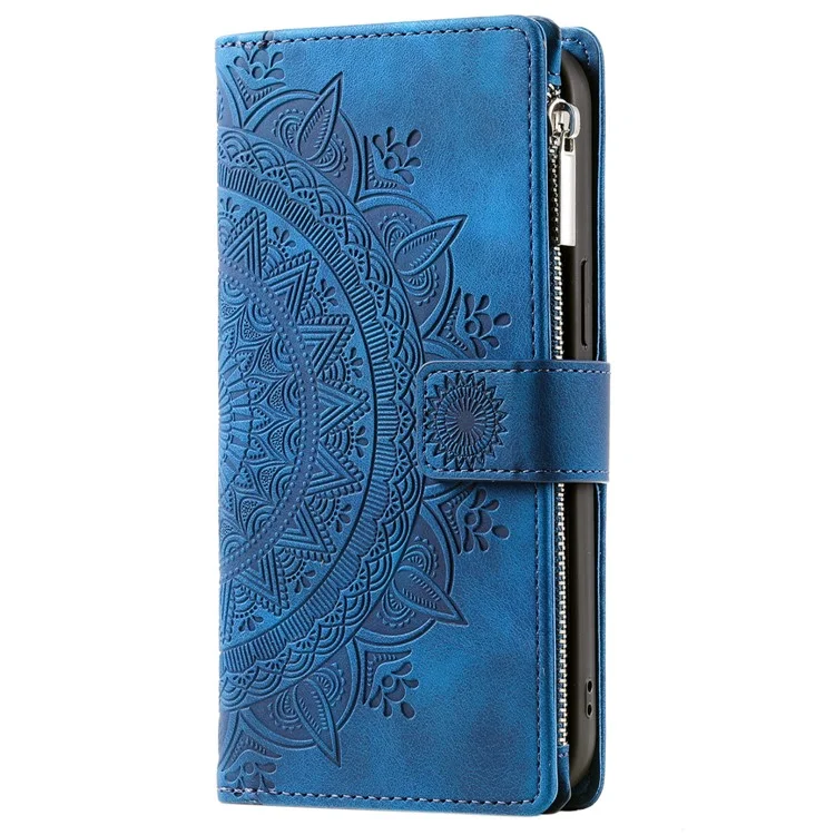 Per iPhone 15 Pro Max PU Leather Mandala Flower Imprinted Card Holder Zipper Pocket Wallet Case Stand with Strap - Blue