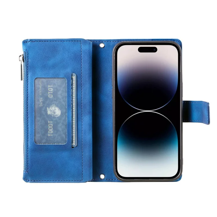 Per iPhone 15 Pro Max PU Leather Mandala Flower Imprinted Card Holder Zipper Pocket Wallet Case Stand with Strap - Blue