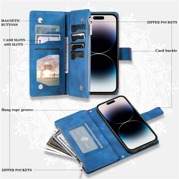 Per iPhone 15 Pro Max PU Leather Mandala Flower Imprinted Card Holder Zipper Pocket Wallet Case Stand with Strap - Blue