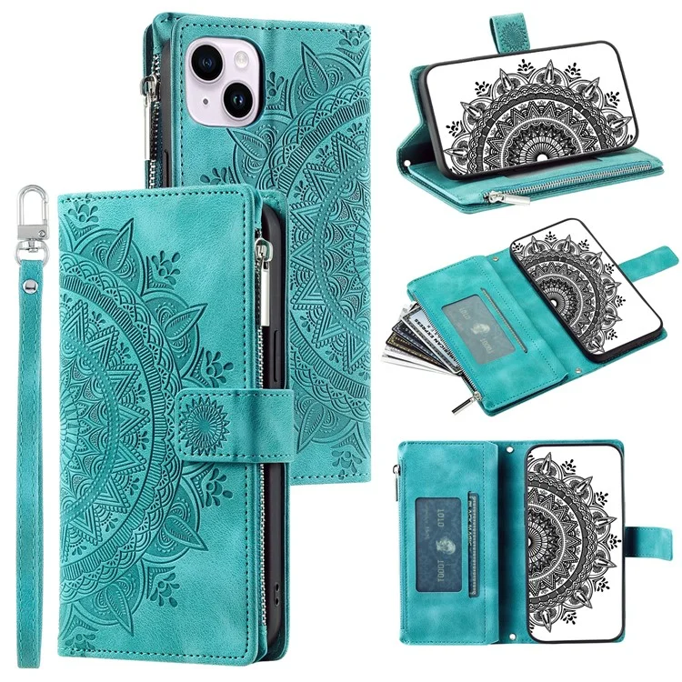 Mandala Flower Imprinted PU Leather Cover for iPhone 15 Zipper Pocket Anti-Drop Wallet Phone Case with Strap - Green