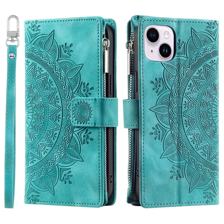 Mandala Flower Imprinted PU Leather Cover for iPhone 15 Zipper Pocket Anti-Drop Wallet Phone Case with Strap - Green