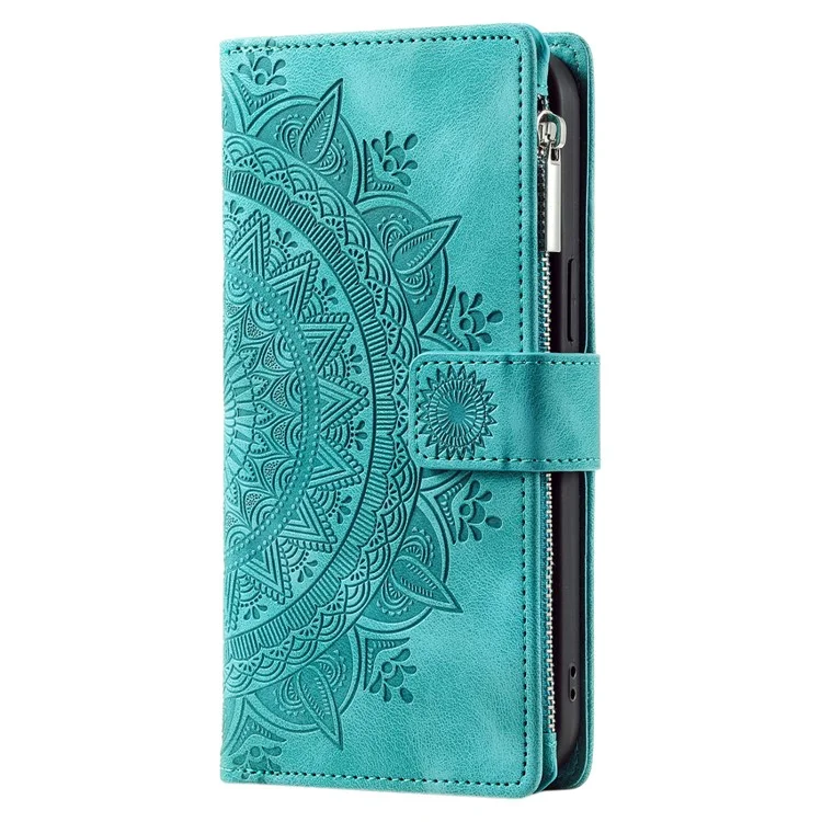 Mandala Flower Imprinted PU Leather Cover for iPhone 15 Zipper Pocket Anti-Drop Wallet Phone Case with Strap - Green