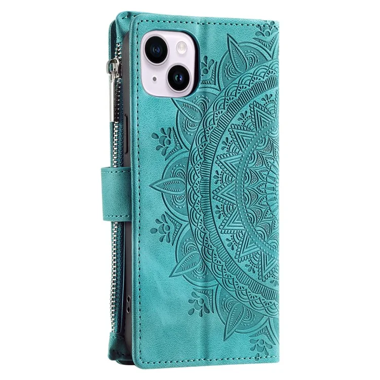 Mandala Flower Imprinted PU Leather Cover for iPhone 15 Zipper Pocket Anti-Drop Wallet Phone Case with Strap - Green