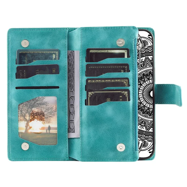 Mandala Flower Imprinted PU Leather Cover for iPhone 15 Zipper Pocket Anti-Drop Wallet Phone Case with Strap - Green