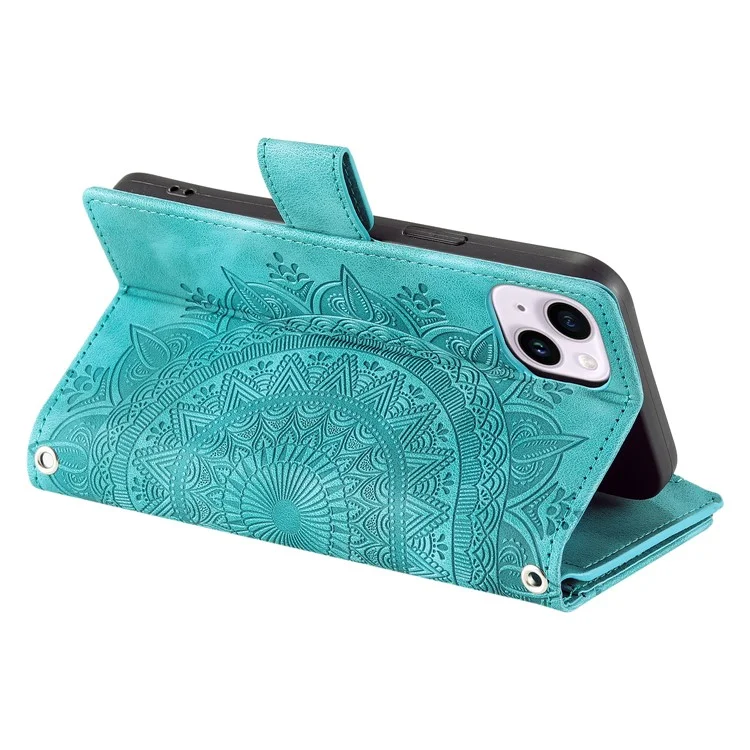 Mandala Flower Imprinted PU Leather Cover for iPhone 15 Zipper Pocket Anti-Drop Wallet Phone Case with Strap - Green