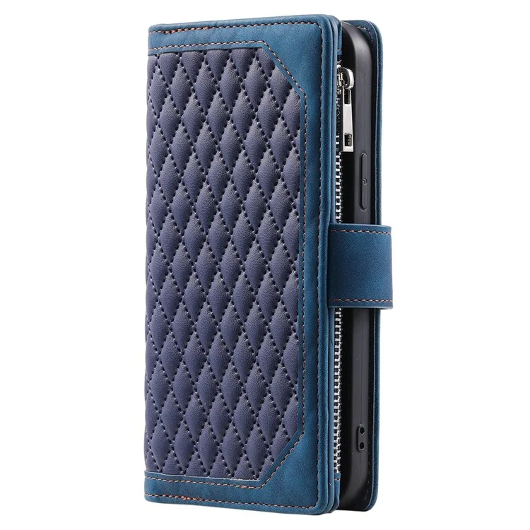 Per iPhone 15 Anti-Dust PU Leather Phone Case Rhombus Texture Zipper Wallet Cover con Cinturino - Blu