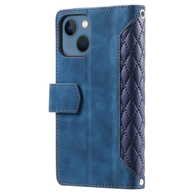 For iPhone 15 Plus PU Leather Phone Case Rhombus Pattern Imprinted Zipper Pocket Wallet Stand Cover with Strap - Blue