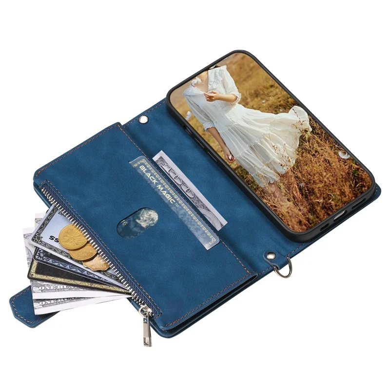 For iPhone 15 Plus PU Leather Phone Case Rhombus Pattern Imprinted Zipper Pocket Wallet Stand Cover with Strap - Blue