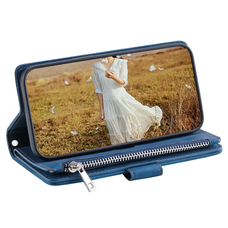 For iPhone 15 Plus PU Leather Phone Case Rhombus Pattern Imprinted Zipper Pocket Wallet Stand Cover with Strap - Blue