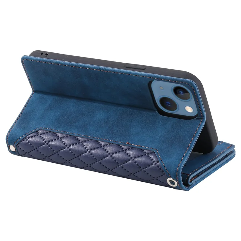 For iPhone 15 Plus PU Leather Phone Case Rhombus Pattern Imprinted Zipper Pocket Wallet Stand Cover with Strap - Blue