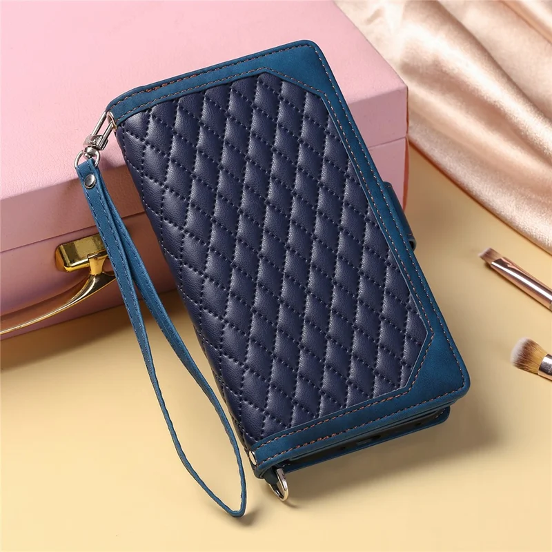 For iPhone 15 Plus PU Leather Phone Case Rhombus Pattern Imprinted Zipper Pocket Wallet Stand Cover with Strap - Blue