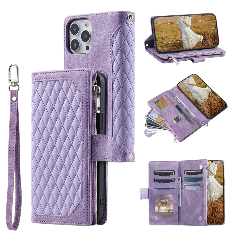 Zippered Wallet Phone Cover for iPhone 15 Pro PU Leather Flip Cover Rhombus Texture Anti-Drop Phone Case with Strap - Purple