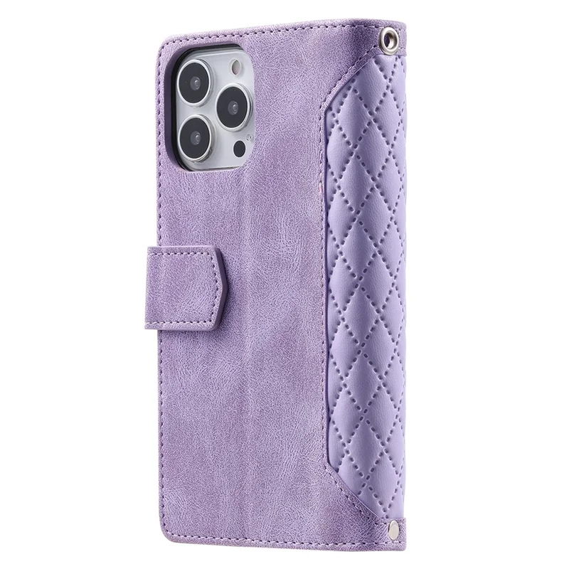 Zippered Wallet Phone Cover for iPhone 15 Pro PU Leather Flip Cover Rhombus Texture Anti-Drop Phone Case with Strap - Purple