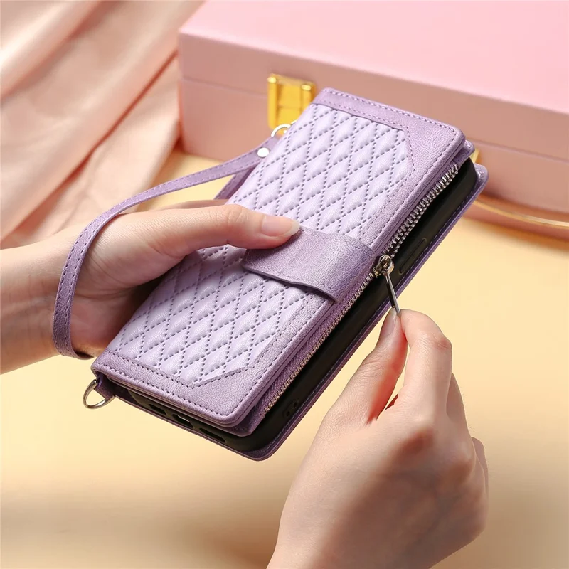 Zippered Wallet Phone Cover for iPhone 15 Pro PU Leather Flip Cover Rhombus Texture Anti-Drop Phone Case with Strap - Purple