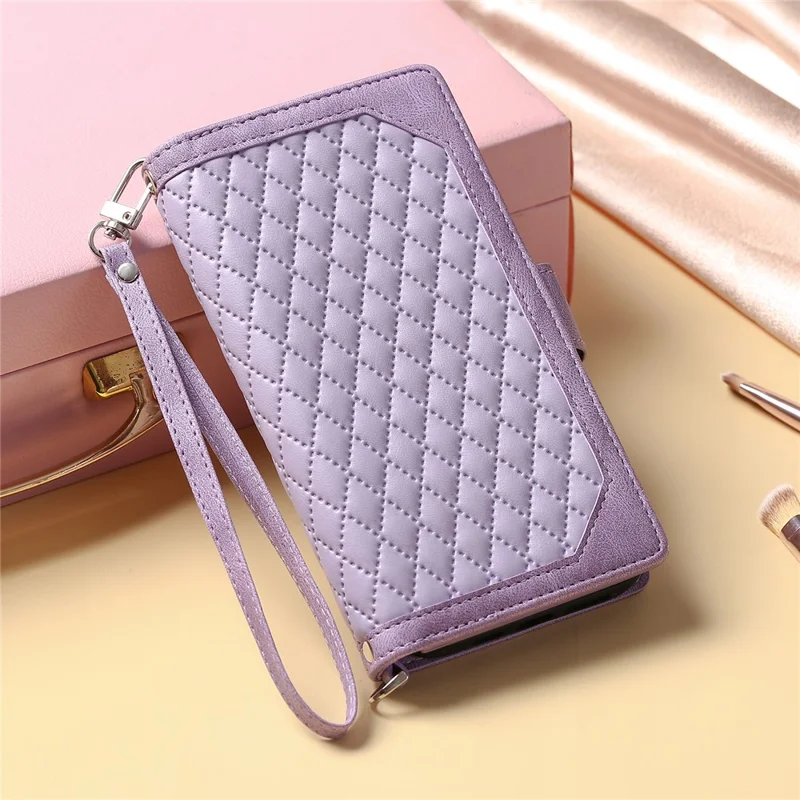 Zippered Wallet Phone Cover for iPhone 15 Pro PU Leather Flip Cover Rhombus Texture Anti-Drop Phone Case with Strap - Purple