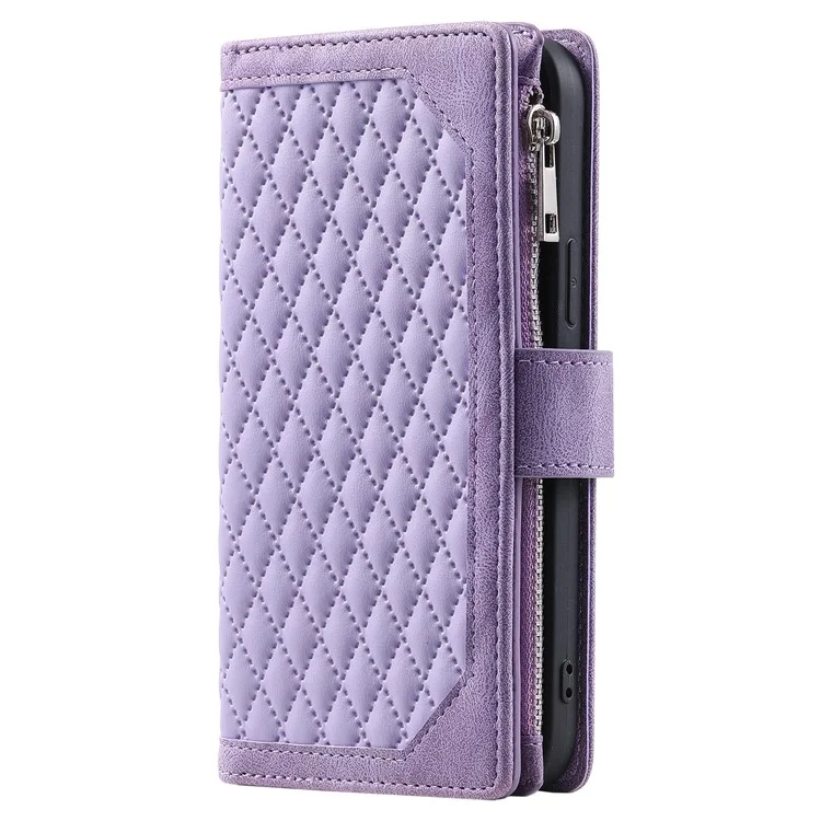 PU Leather Phone Case for iPhone 15 Pro Max Rhombus Pattern Imprinted Zipper Pocket Wallet Stand Cover with Strap - Purple