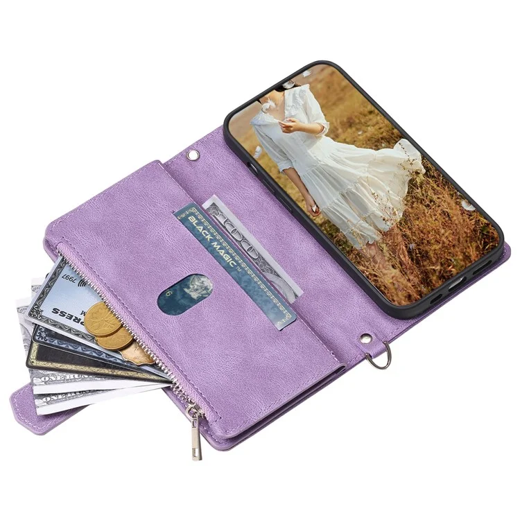 PU Leather Phone Case for iPhone 15 Pro Max Rhombus Pattern Imprinted Zipper Pocket Wallet Stand Cover with Strap - Purple