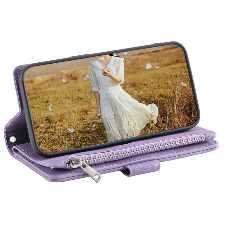 PU Leather Phone Case for iPhone 15 Pro Max Rhombus Pattern Imprinted Zipper Pocket Wallet Stand Cover with Strap - Purple