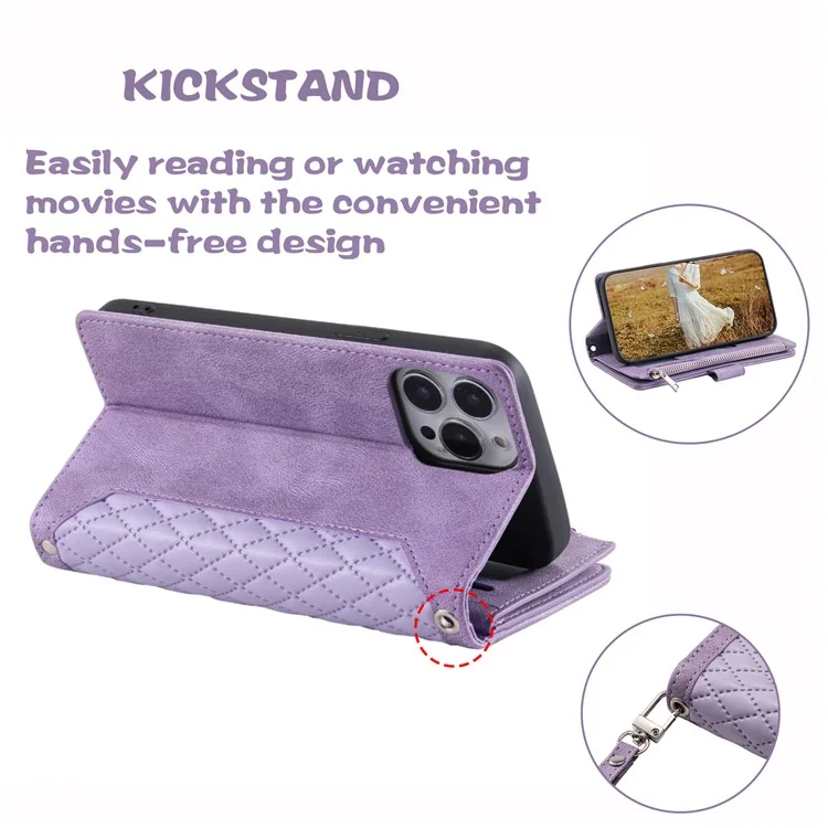 PU Leather Phone Case for iPhone 15 Pro Max Rhombus Pattern Imprinted Zipper Pocket Wallet Stand Cover with Strap - Purple
