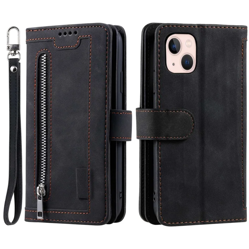 Für iPhone 15 Plus PU-Leder-Cover Reißverschlusstaschen 9 Kartenfächer Schutzhülle mit Tragriemen - Schwarz