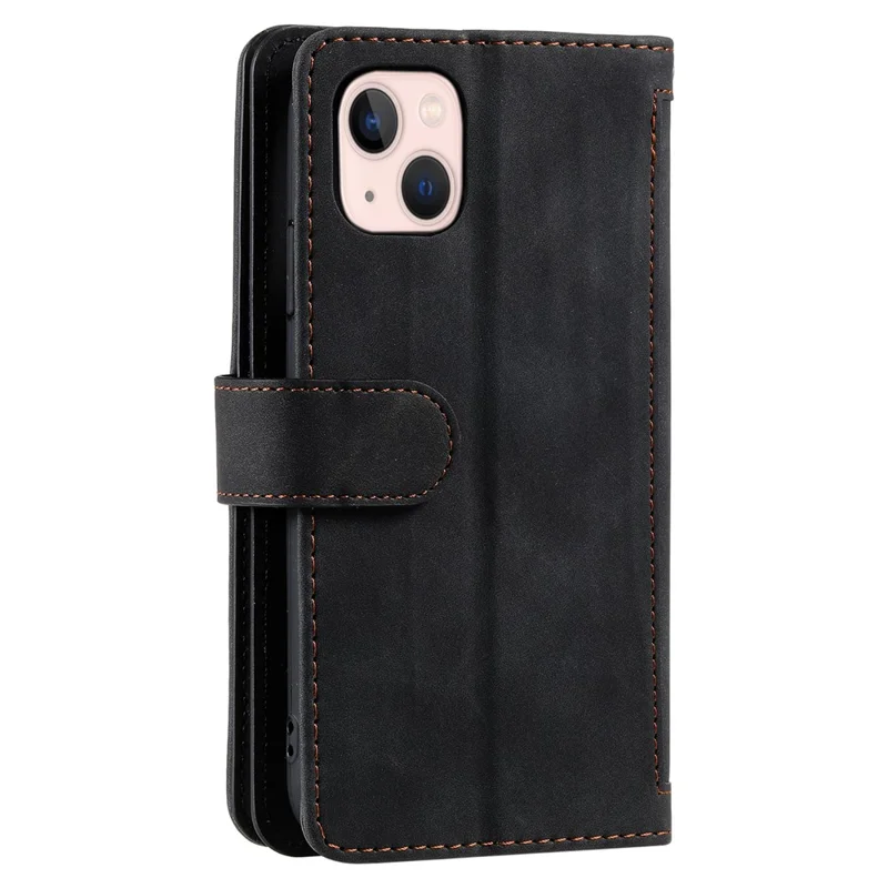 PU Leather Phone Case for iPhone 15 Protective Case Zipper Pocket 9 Card Slots Phone Cover with Strap - Black