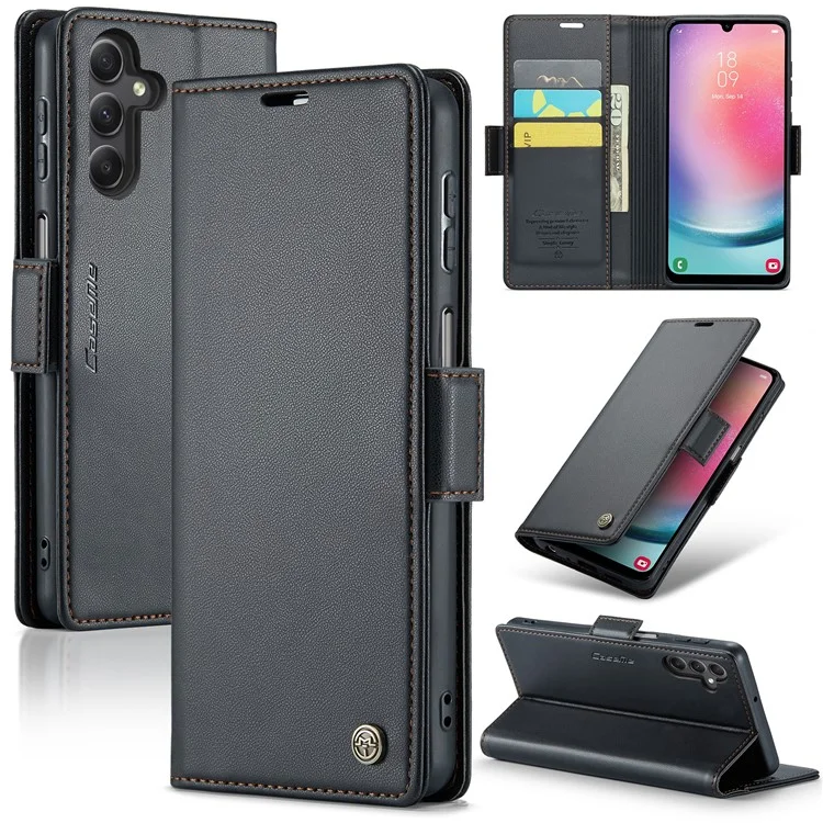 CASEME 023 Serie für Samsung Galaxy A24 4G (162,1 x 77,6 x 8,3 mm) RFID-blockierende Handyhülle Pu-Leder Geldbörse Stand Cover - Schwarz