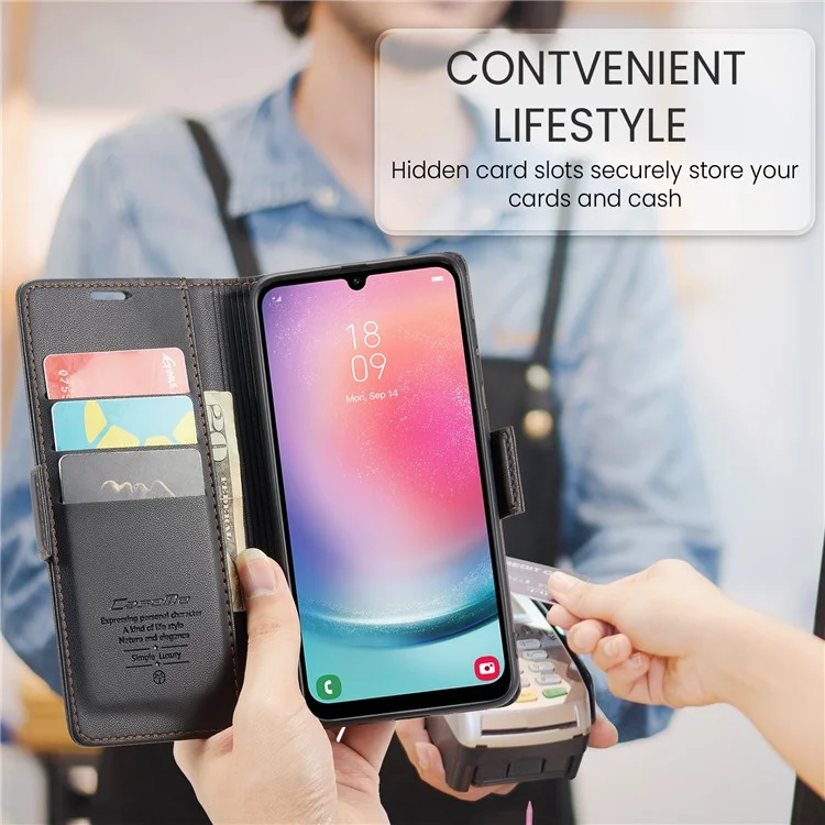 CASEME 023 Serie für Samsung Galaxy A24 4G (162,1 x 77,6 x 8,3 mm) RFID-blockierende Handyhülle Pu-Leder Geldbörse Stand Cover - Schwarz