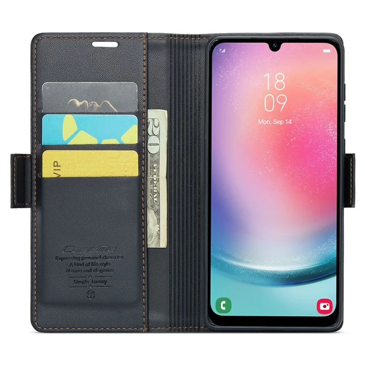 CASEME 023 Serie für Samsung Galaxy A24 4G (162,1 x 77,6 x 8,3 mm) RFID-blockierende Handyhülle Pu-Leder Geldbörse Stand Cover - Schwarz