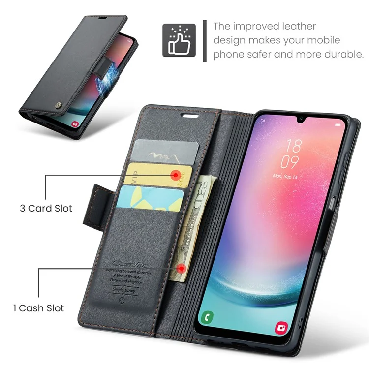 CASEME 023 Serie für Samsung Galaxy A24 4G (162,1 x 77,6 x 8,3 mm) RFID-blockierende Handyhülle Pu-Leder Geldbörse Stand Cover - Schwarz