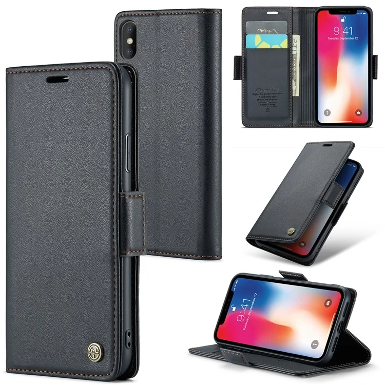 Caseme 023 Série RFID Blocking le Cuir Base Pour Iphone Xs, Couverture de Téléphone de Portefeuille de Stand de Texture Litchi - Noir