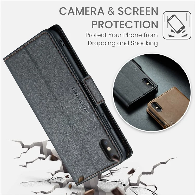 CASEME 023 Series RFID Blocking Leather Case для iPhone XS, кошелек со стоячей функцией, текстура личи, чехол для телефона - черный