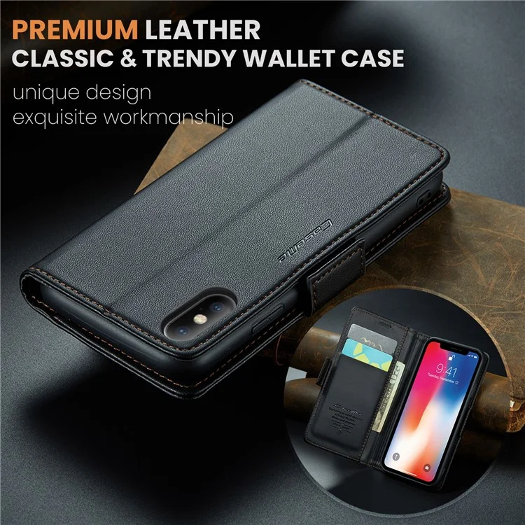 Caseme 023 Série RFID Bloqueio de Couro Caso Para Iphone Xs, Litchi Textute Stand Capela Tape - Preto