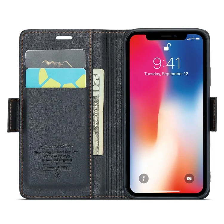 Caseme 023 Série RFID Bloqueio de Couro Caso Para Iphone Xs, Litchi Textute Stand Capela Tape - Preto