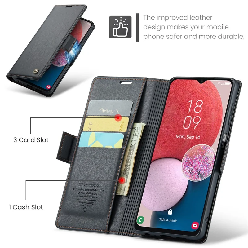 CASEME 023 Series Para Samsung Galaxy A13 4G / 5G / A04s 4G / A04 4G / M13 5G Carteira Caso RFID Bloqueando Capa de Couro Stand de Telefone - Preto