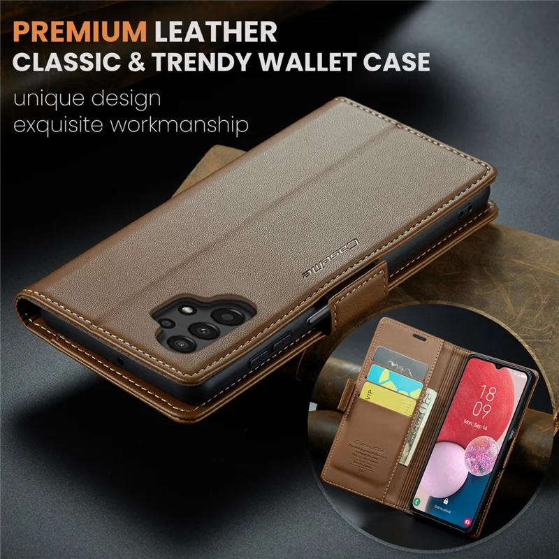 CASEME 023 Serie per Samsung Galaxy A13 4G / 5G / A04s 4G / A04 4G / M13 5G Custodia portafoglio con blocco RFID in pelle con supporto - Marrone