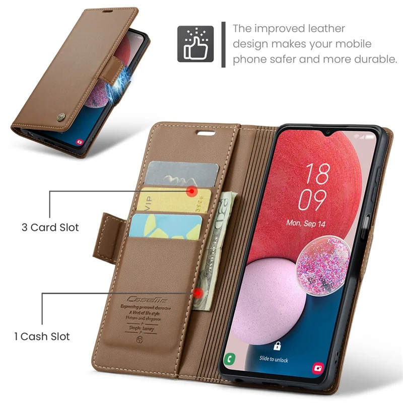 CASEME 023 Serie per Samsung Galaxy A13 4G / 5G / A04s 4G / A04 4G / M13 5G Custodia portafoglio con blocco RFID in pelle con supporto - Marrone