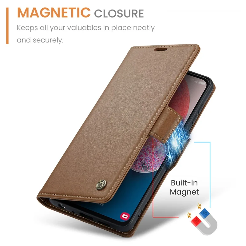 CASEME 023 Serie per Samsung Galaxy A13 4G / 5G / A04s 4G / A04 4G / M13 5G Custodia portafoglio con blocco RFID in pelle con supporto - Marrone