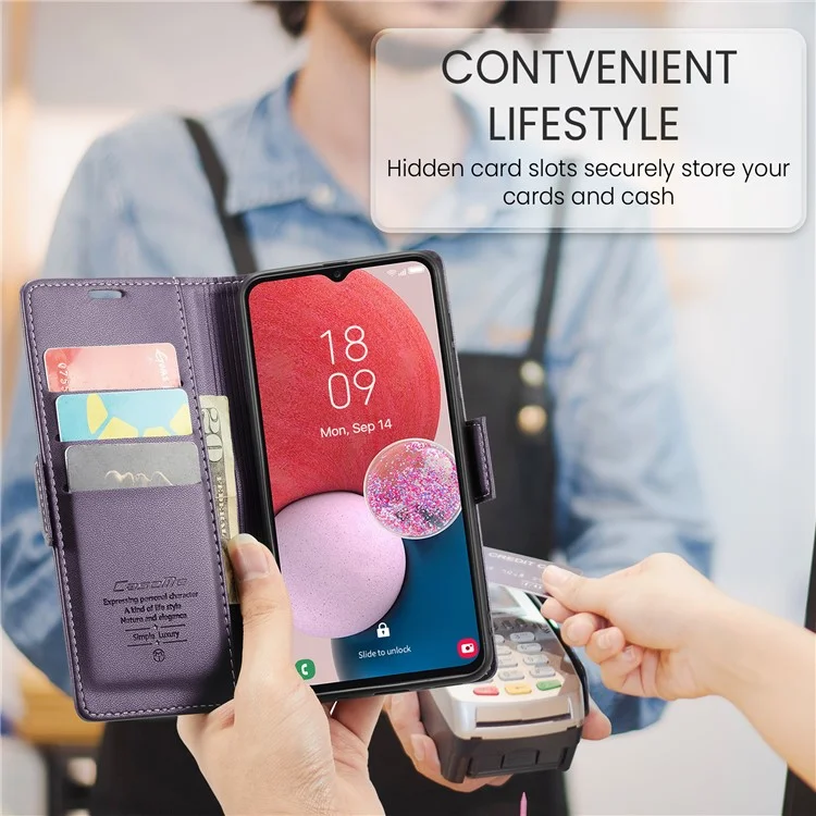 For Samsung Galaxy A13 4G / 5G / A04s 4G / A04 4G / M13 5G Leather Case CASEME 023 RFID Blocking 3 Card Slot Mobile Cover - Purple