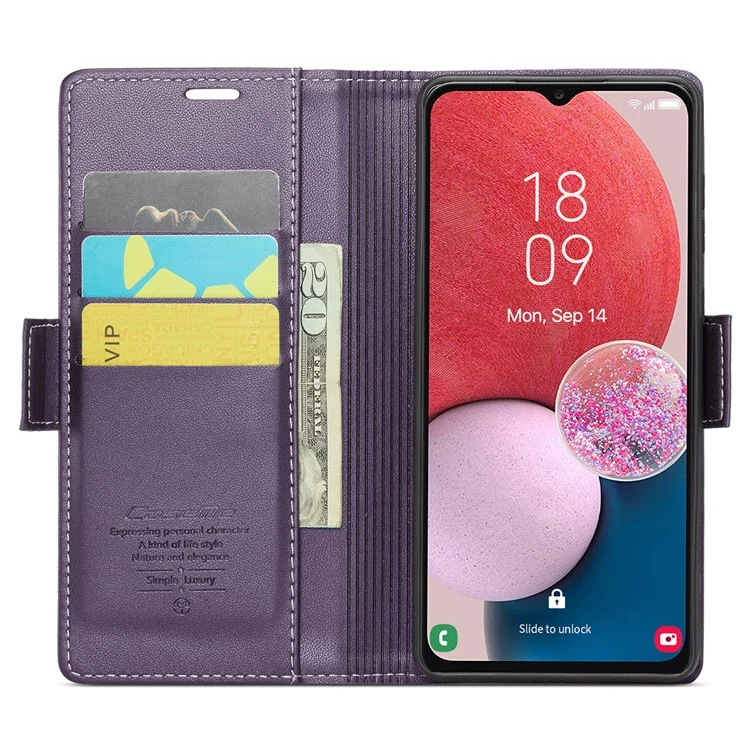 For Samsung Galaxy A13 4G / 5G / A04s 4G / A04 4G / M13 5G Leather Case CASEME 023 RFID Blocking 3 Card Slot Mobile Cover - Purple