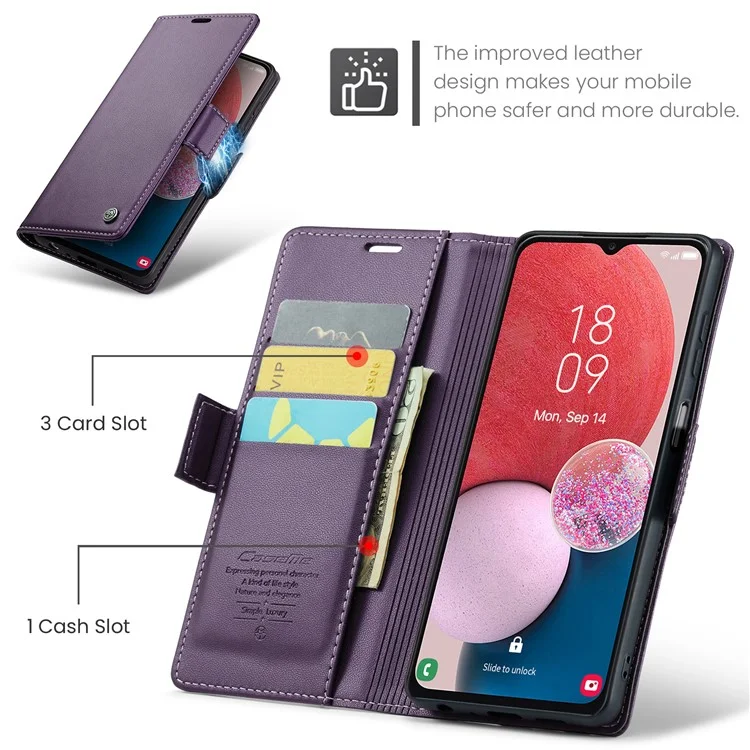 For Samsung Galaxy A13 4G / 5G / A04s 4G / A04 4G / M13 5G Leather Case CASEME 023 RFID Blocking 3 Card Slot Mobile Cover - Purple