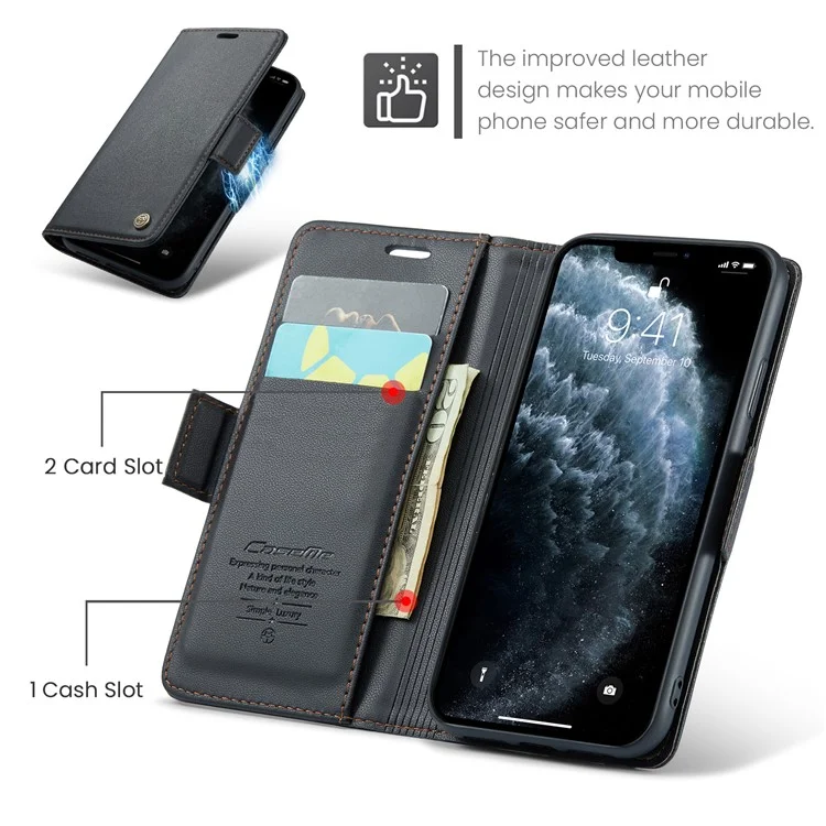 CASEME 023 Series Stand Leather Phone Case for iPhone 11 Pro , RFID Blocking Litchi Texture Wallet Cover - Black