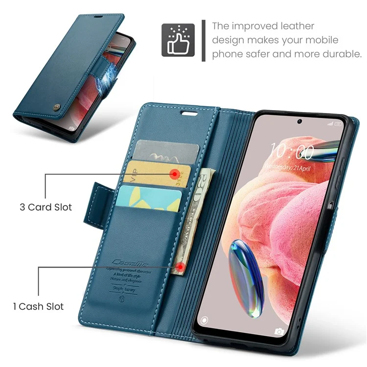 CASEME 023 Series Leather Case for Xiaomi Redmi Note 12 4G RFID Blocking Phone Cover with Stand Wallet - Blue