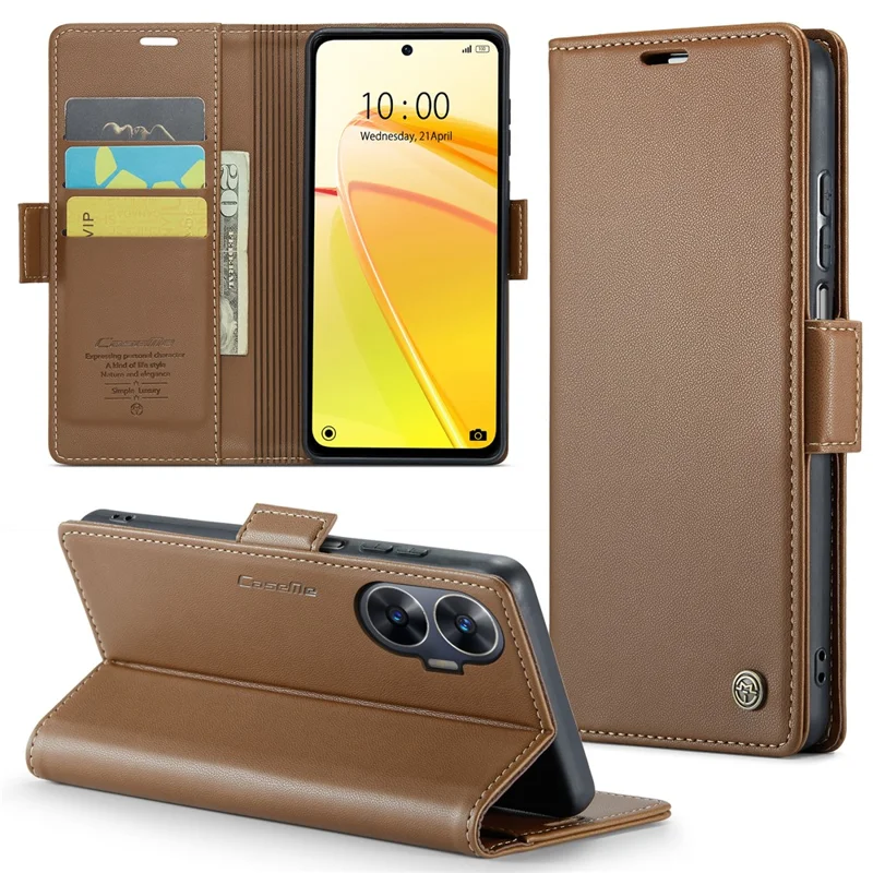 For Realme C55 4G Leather Case CASEME 023 RFID Blocking 3 Card Slot Mobile Cover - Brown