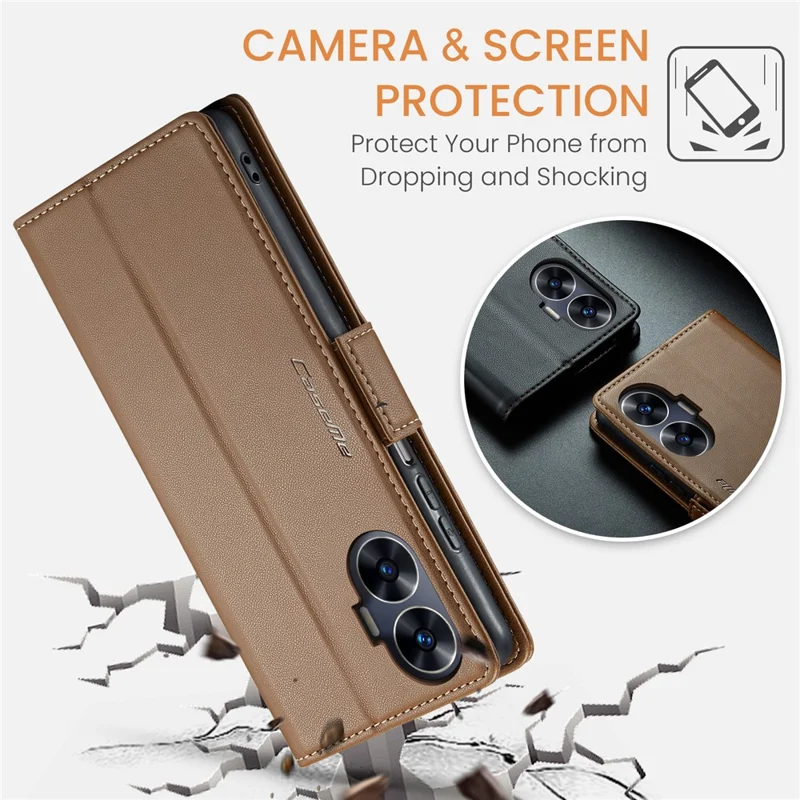 For Realme C55 4G Leather Case CASEME 023 RFID Blocking 3 Card Slot Mobile Cover - Brown