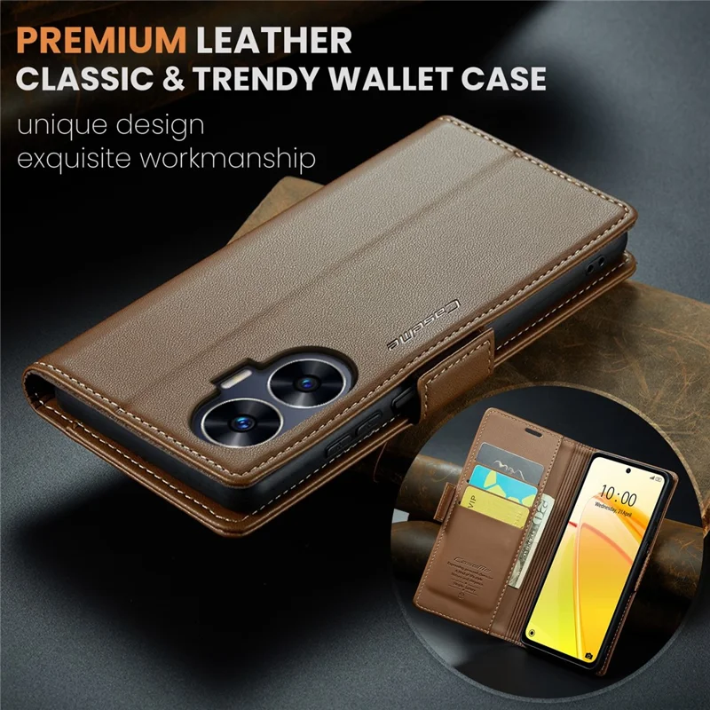 For Realme C55 4G Leather Case CASEME 023 RFID Blocking 3 Card Slot Mobile Cover - Brown